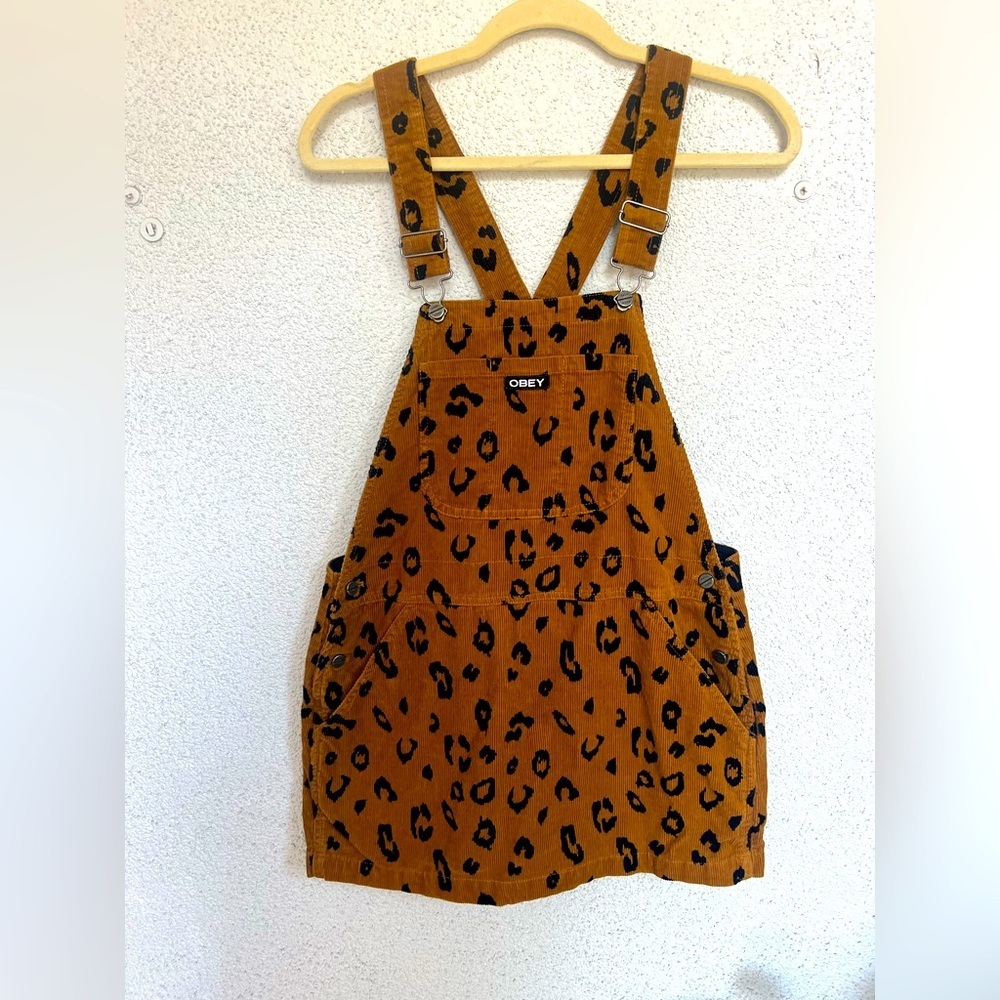 EUC Obey Overall Dress Corduroy Animal Print Womens Size small cheetah - Picture 3 of 9